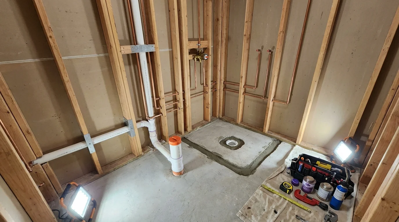 Bathroom rough-in plumbing during remodel by Johns Plumbing LLC in Huntingtown