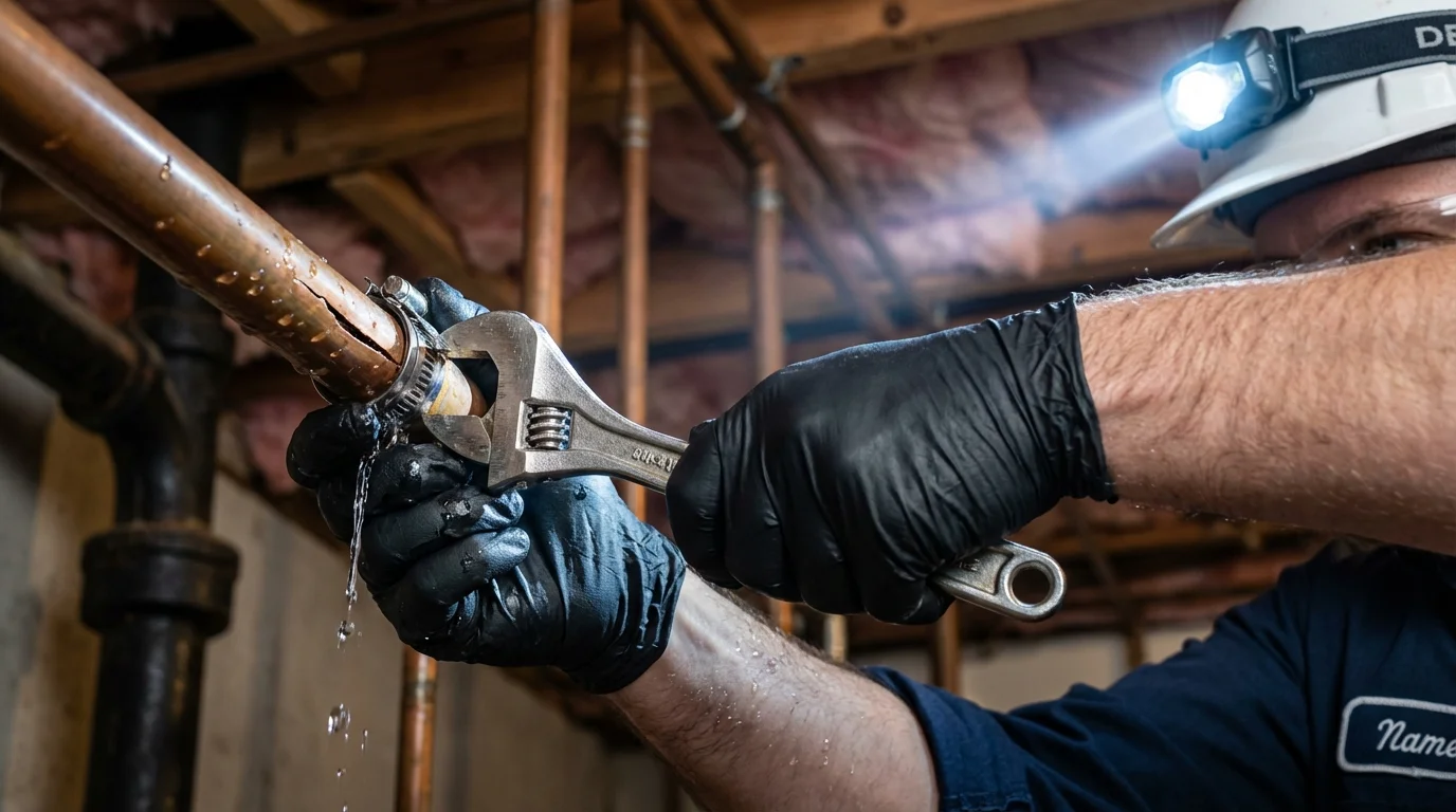 Emergency pipe clamp repair being performed by a Johns Plumbing LLC plumber in Huntingtown