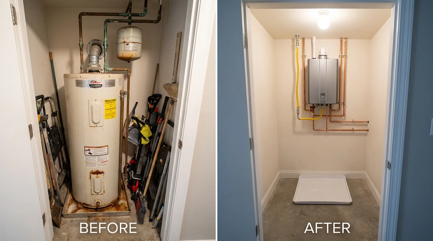 Tank water heater versus wall-mounted tankless unit comparison for Huntingtown, MD homeowners