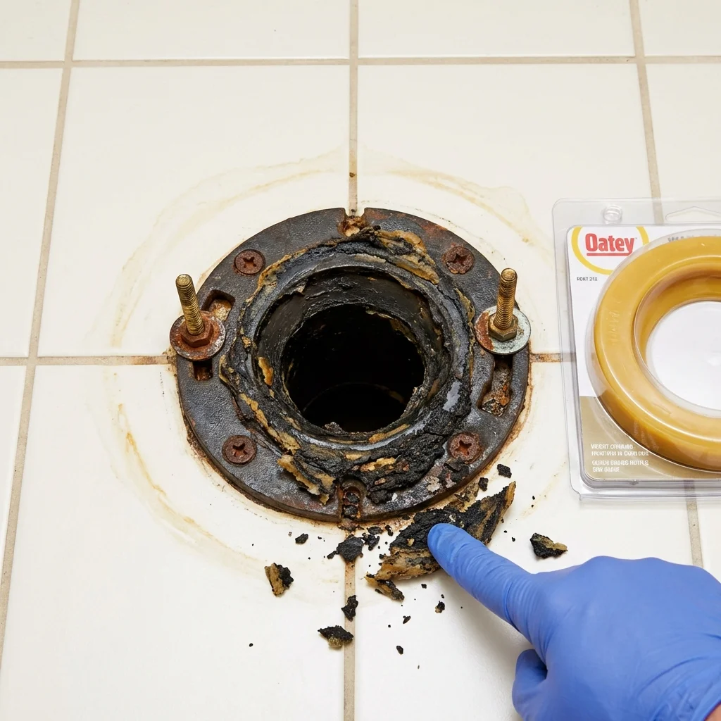 Failed wax ring showing water seepage at the base of a toilet in a Huntingtown, MD home