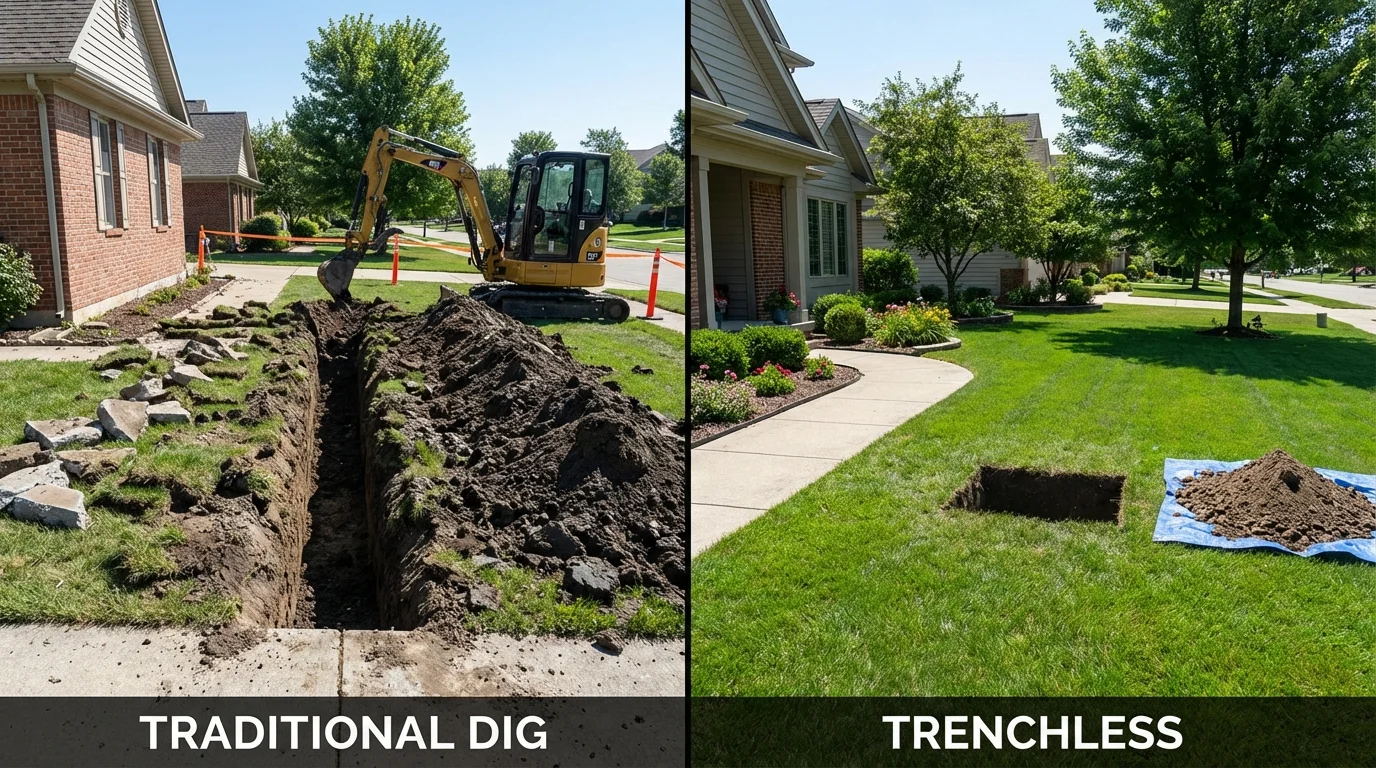 Trenchless sewer repair with minimal yard damage versus traditional excavation in Huntingtown, MD