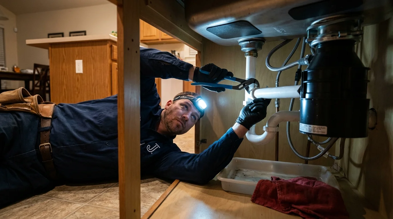 P-trap and supply line connections under a kitchen sink showing a common leak point in Huntingtown, MD
